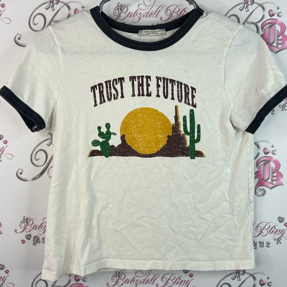 Zara trafaluc tshirt White and Black 'Trust The Future' tee top T-Shirt cactus